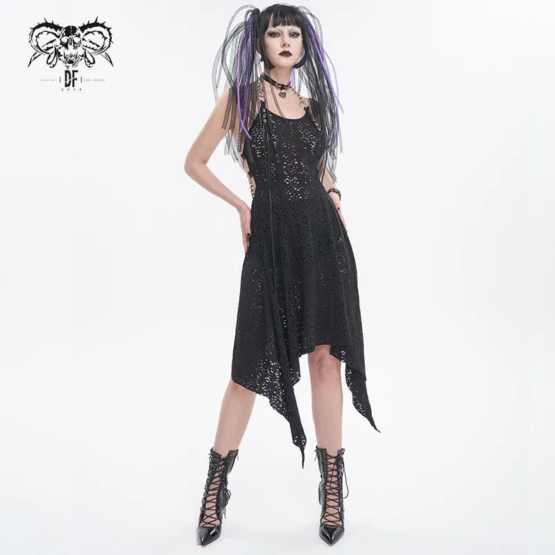 Gothic Irregular Ripped Chain Halterneck Klänning för kvinnor