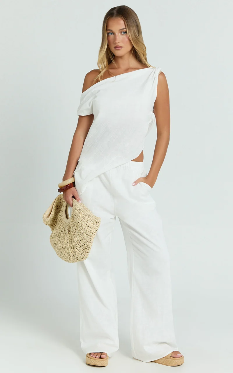 Annalie Two Piece Top and Pants Set - Off Shoulder Linen Set in White