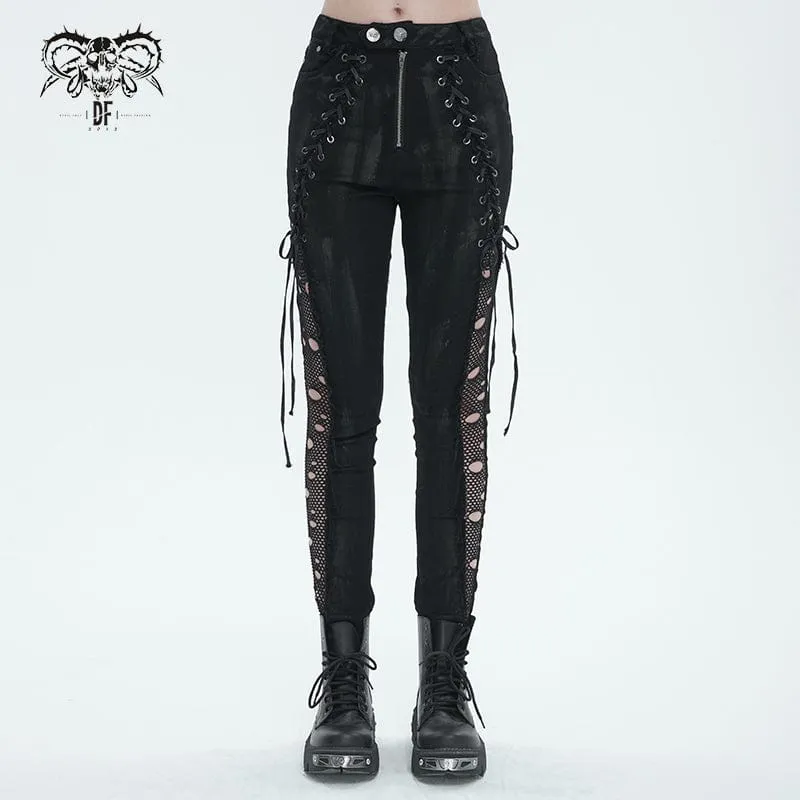 Punk Strappy Mesh Split Distressed Leggings för kvinnor
