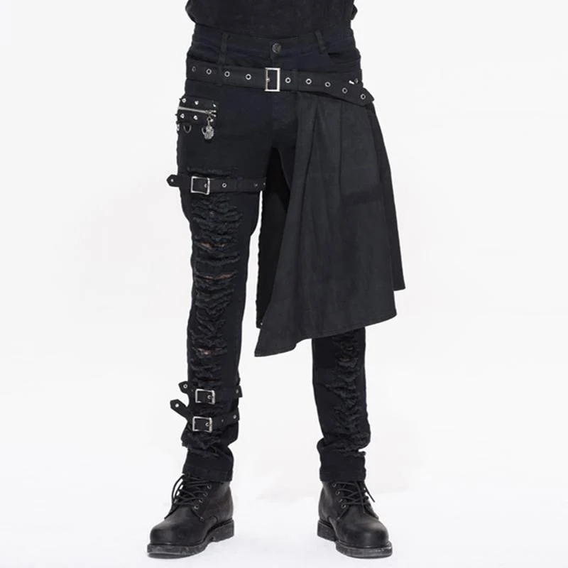 Punk distressed jeans för män med peplum