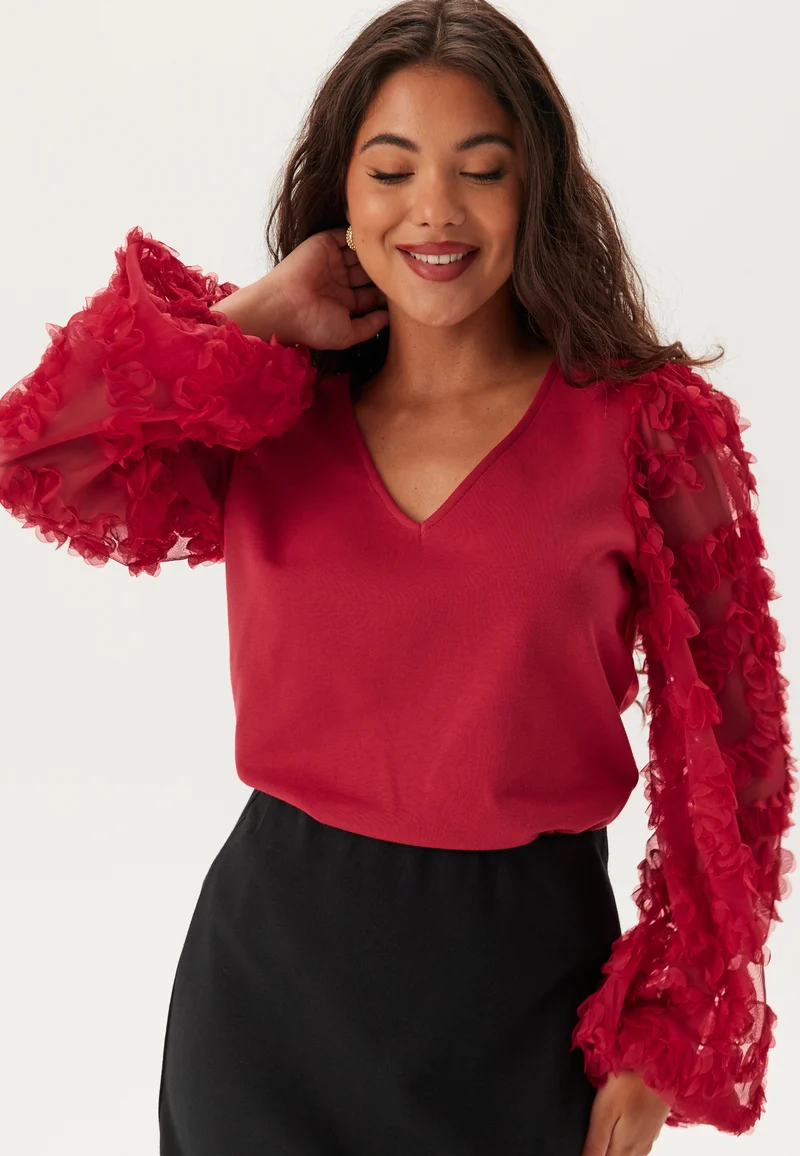 3D Floral Sleeve V-neck Top