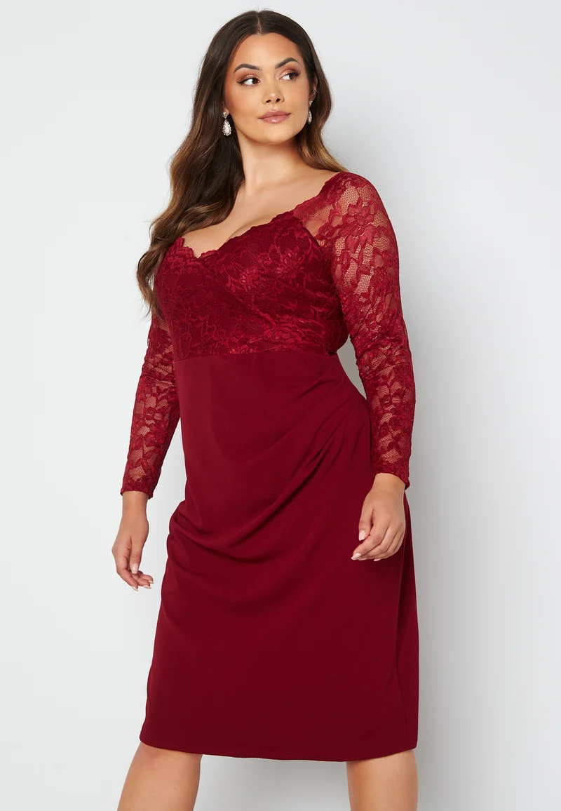 Long Sleeve Lace Trim Midi Dress
