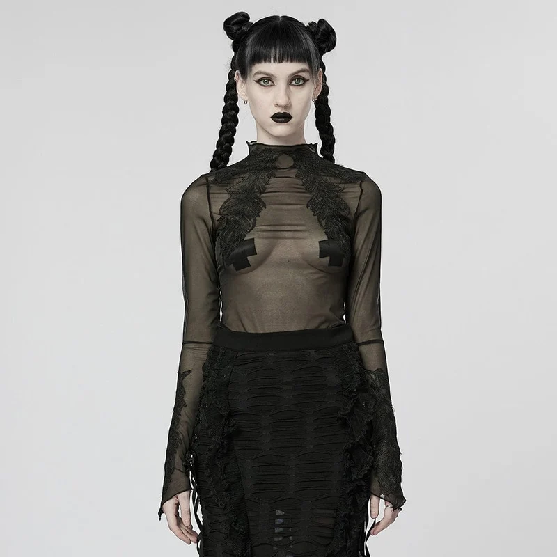Gothic Feather Mesh-skjorta för kvinnor