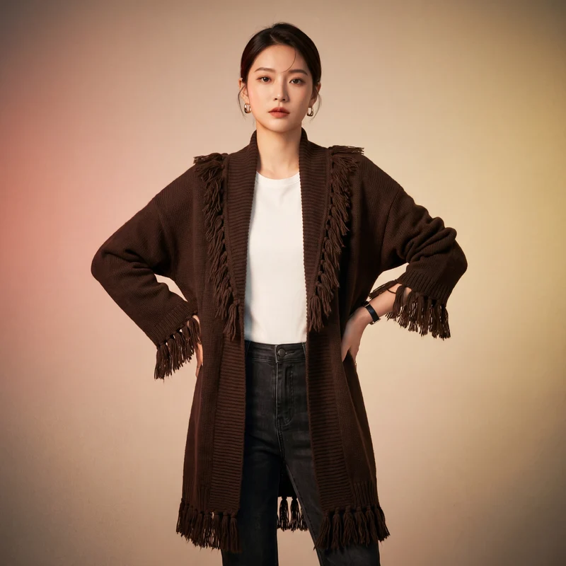 Cardigan Long Tricoté à Franges