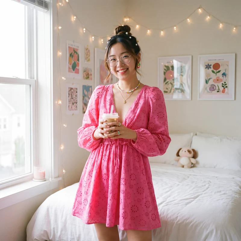 Robe Plissée Col V Manches Longues