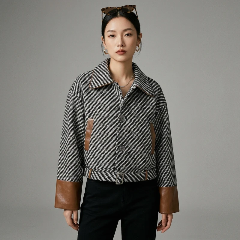 Manteau Court Laine Rayé