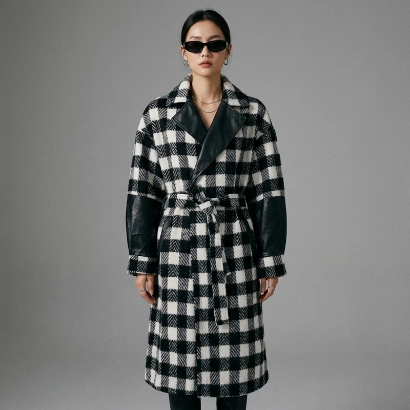 Manteau Long Carreaux Laine