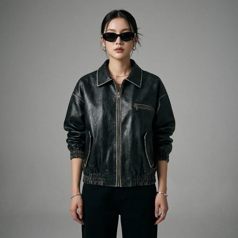 Veste Bomber Effet Cuir Noir