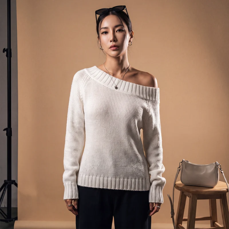 Pull Tricoté Asymétrique Épaule Dénudée