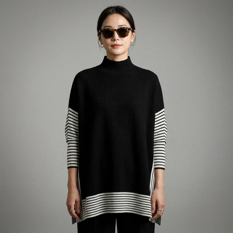 Veste Cape Pull Rayée Col Montant