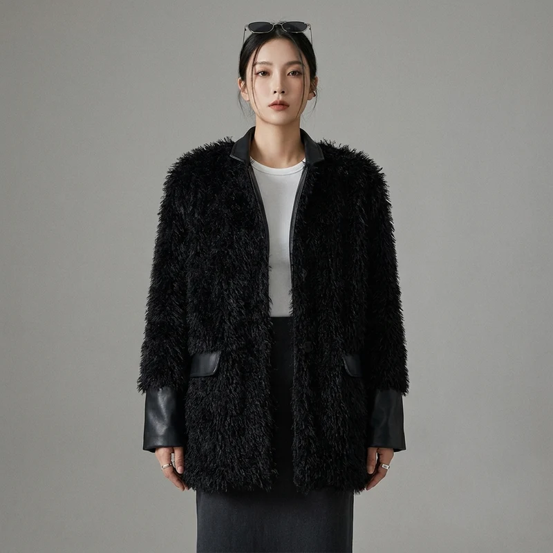 Manteau Chaud Effet Fourrure Noir