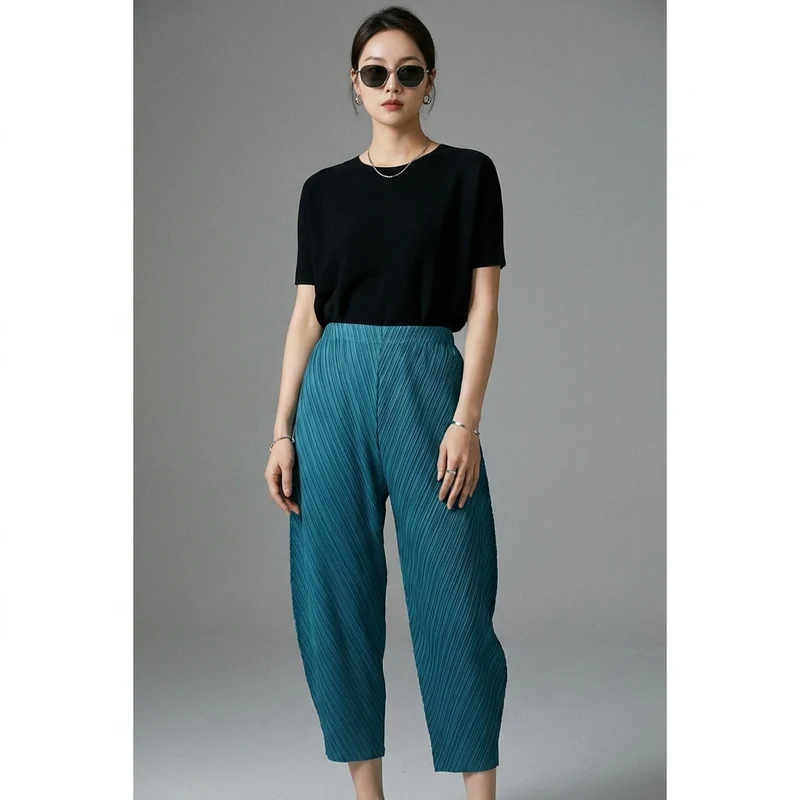 Pleated Ankle-length Pants For Women Solid Color High Waist Wide Leg Trousers Loose
