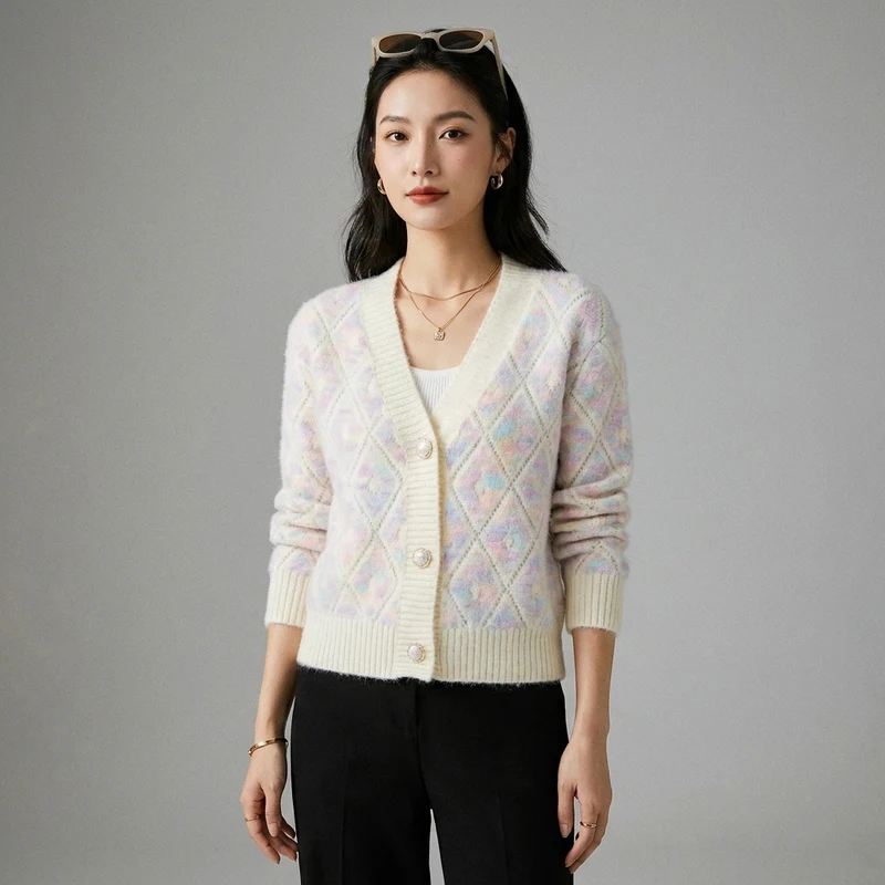 Cardigan Col V Motif Argyle