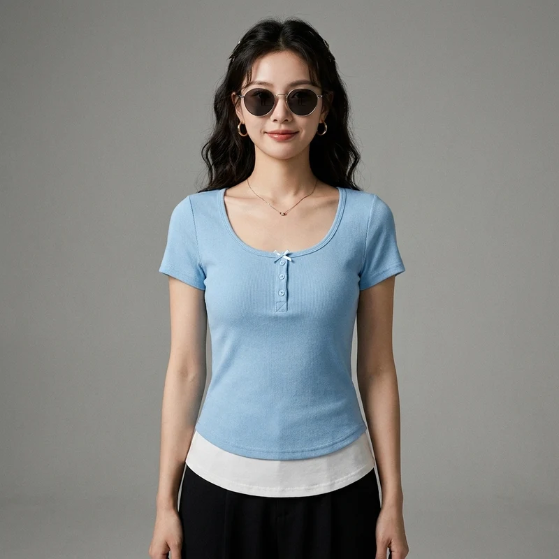T-shirt Col V Effet Superposé