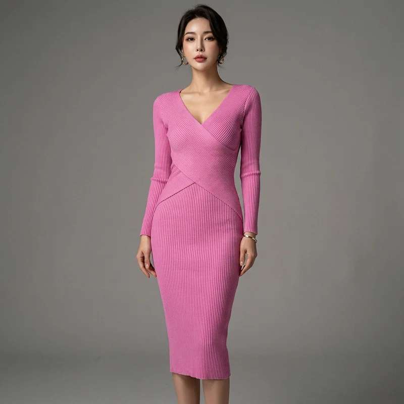 Robe Tricotée Col V Élégante
