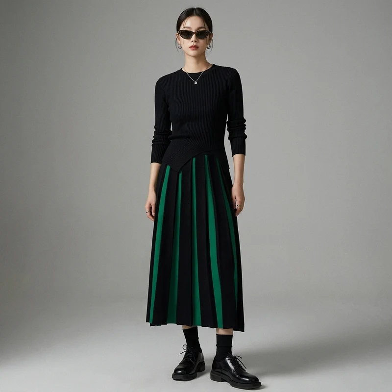 Jupe Longue Plissée Taille Haute
