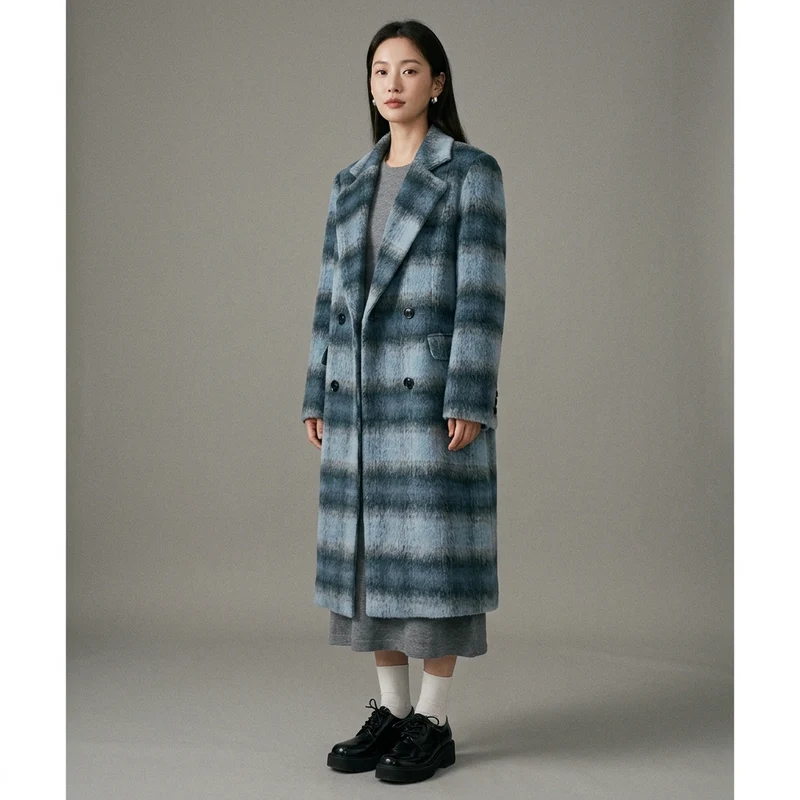 Manteau Long Carreaux Bleu