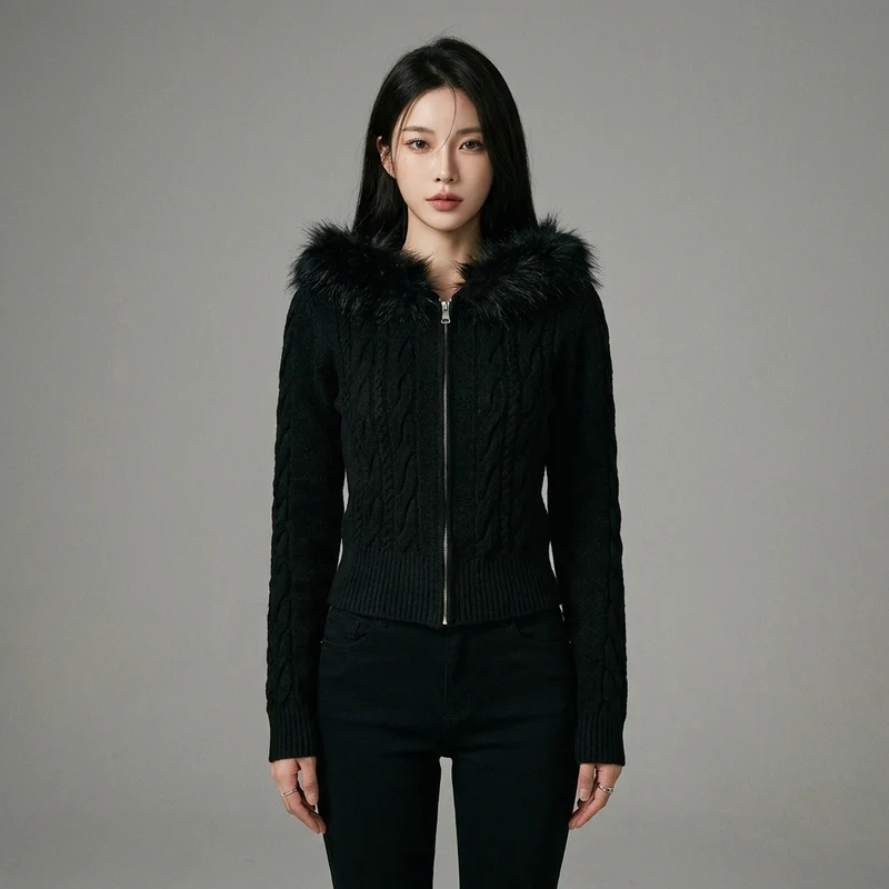 Cardigan Zippé Court à Capuche
