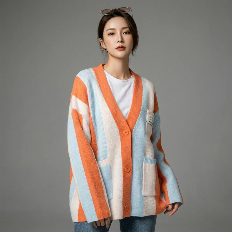 Cardigan Rayé Tricoté Oversize