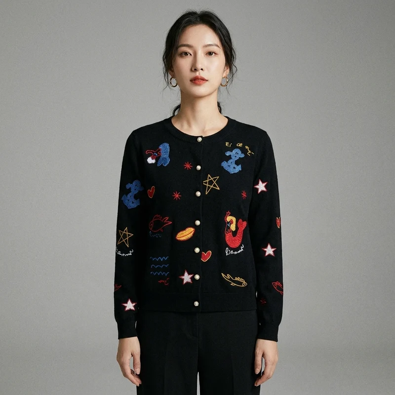 Pull Brodé Manches Longues Tendance