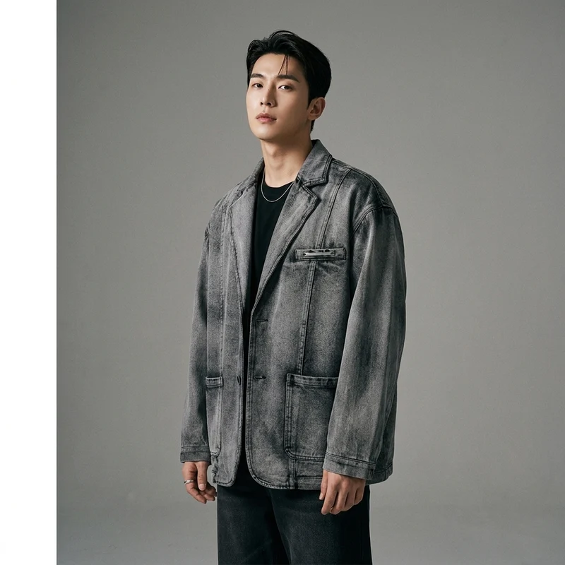 Veste Denim Col Costume Oversize