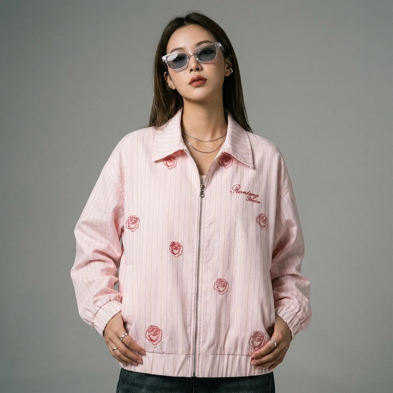 Veste Zippée Brodée Rose