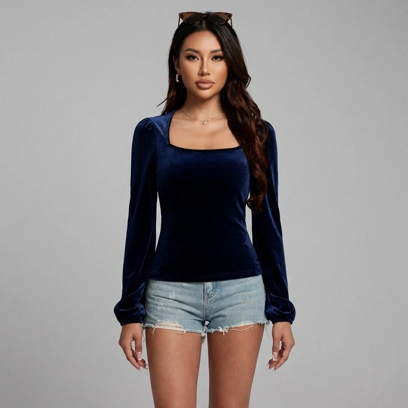 Top Velours Col Carré Manches Longues