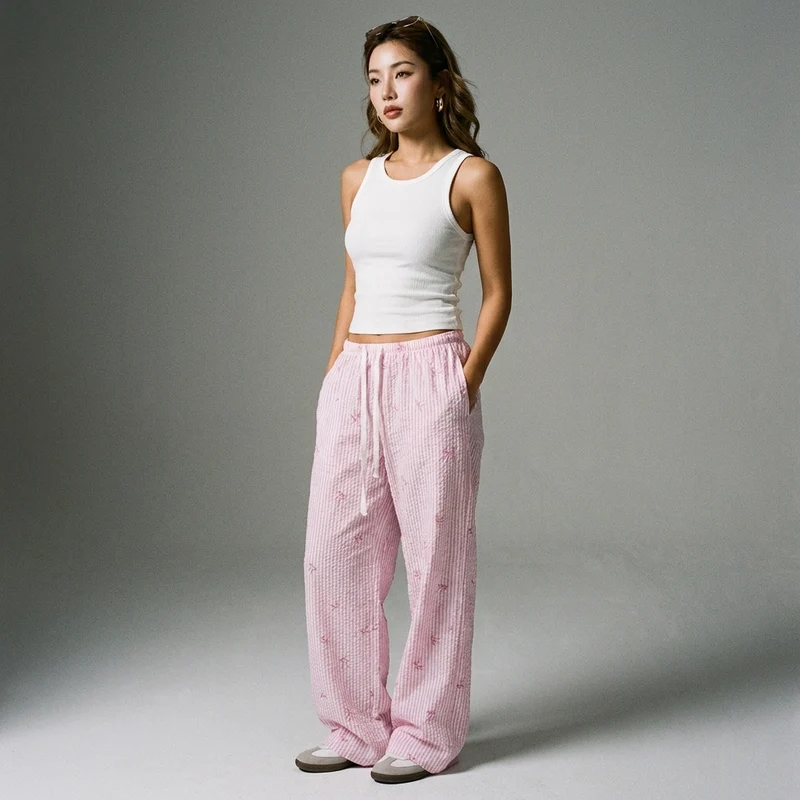 Pantalon Large Rayé Rose