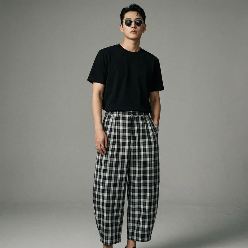 Pantalon Large à Carreaux Streetwear
