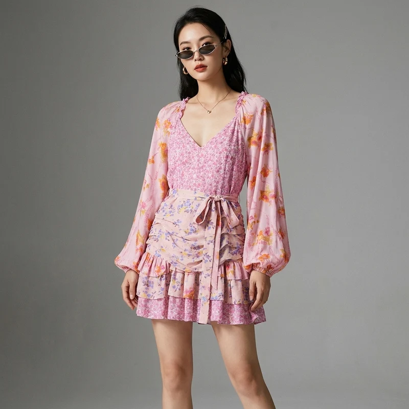 Robe Courte Ceinture Rose