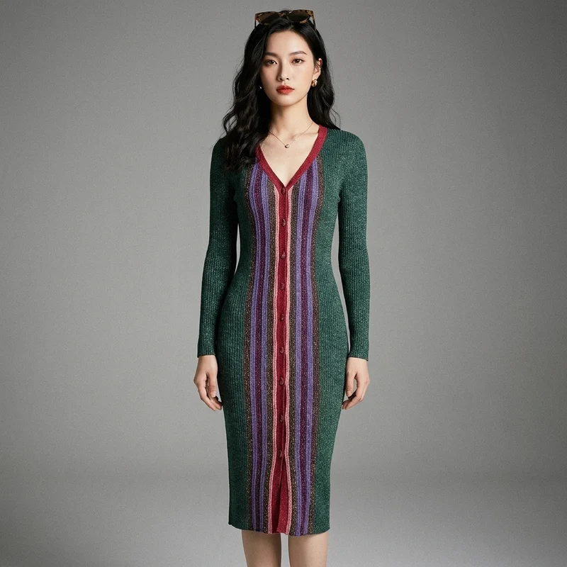 Robe Midi Maille Rayée Col V