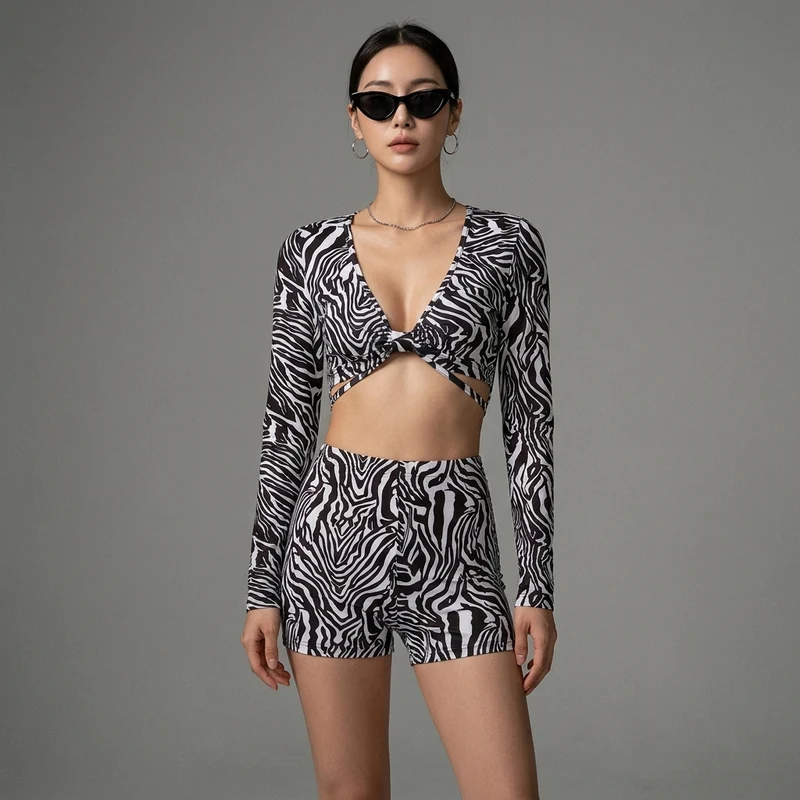 Ensemble Top Manches Longues & Short Taille Haute