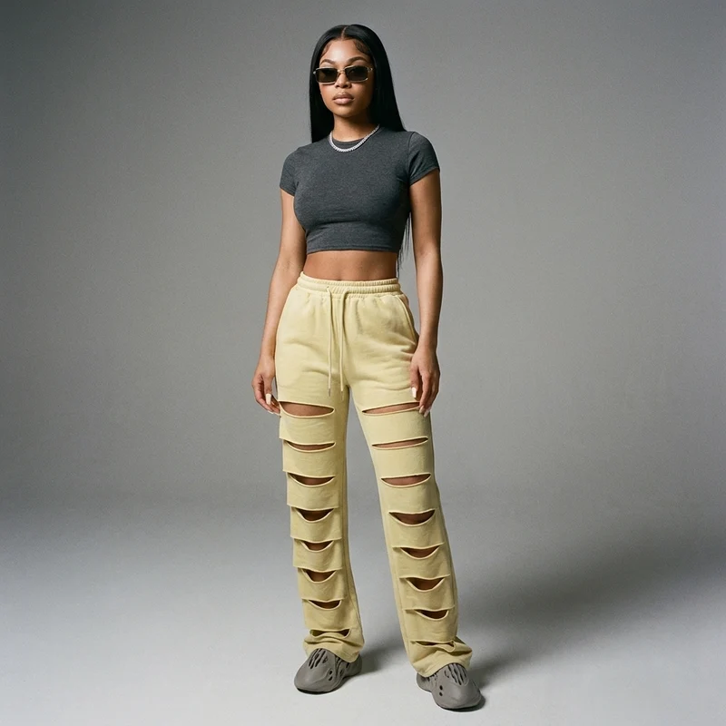 Pantalon Large Taille Haute Effet Délavé