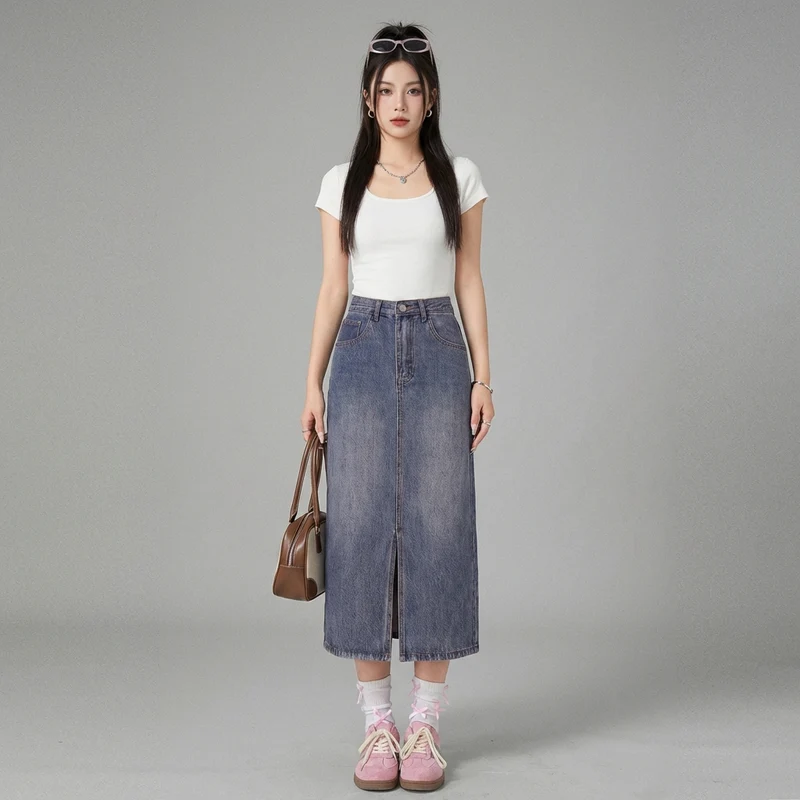 Jupe Longue Denim Fendue Taille Haute