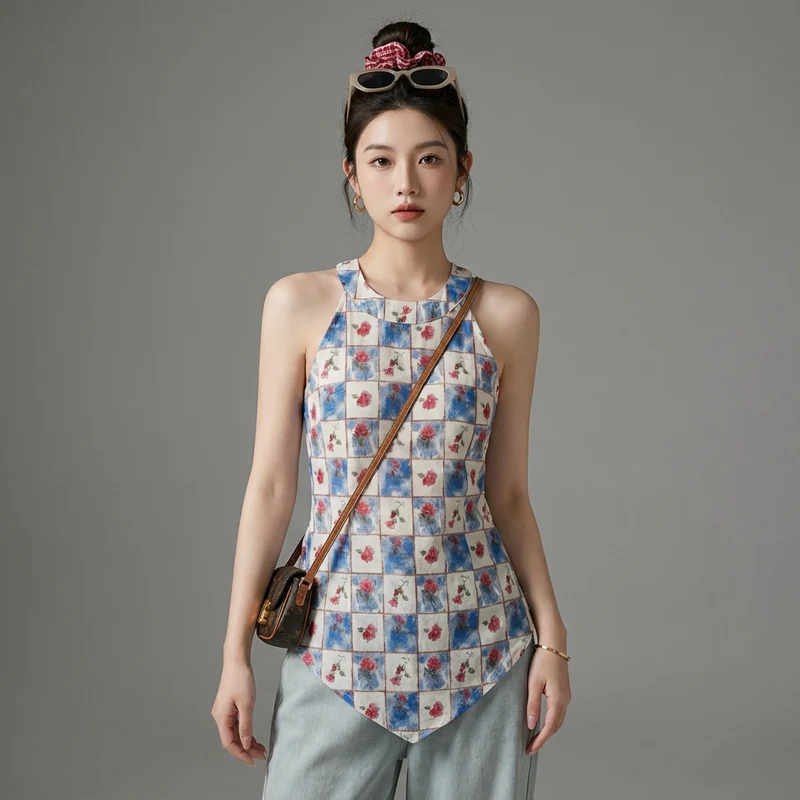Top Halter Fleuri à Carreaux