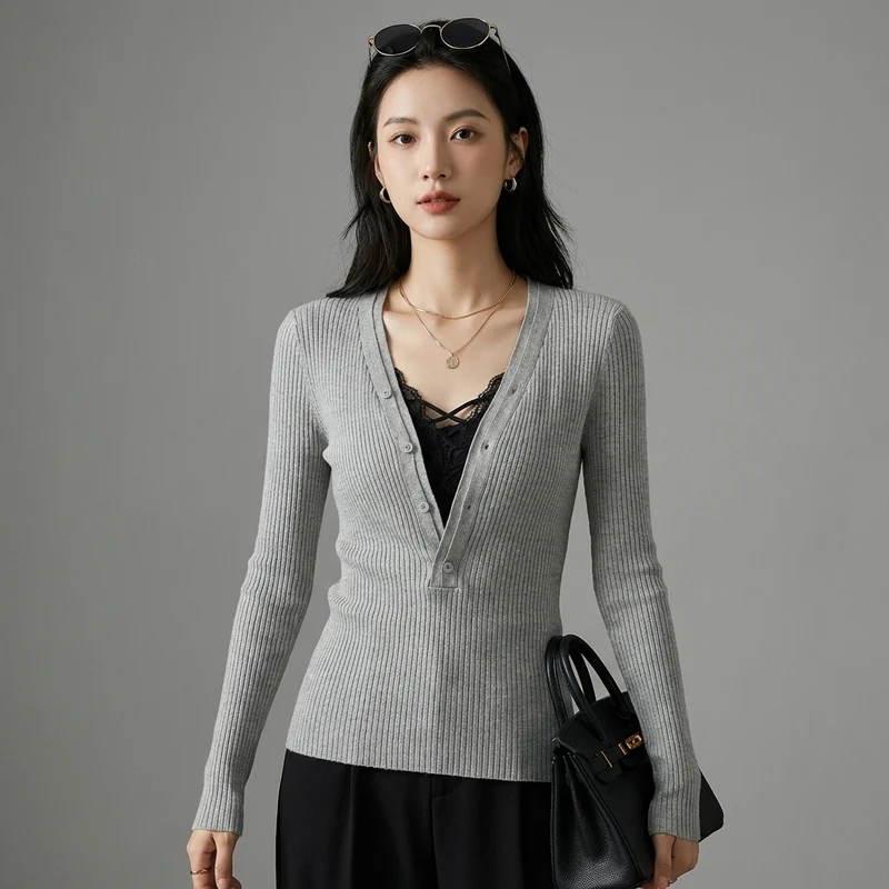 Pull Col V Ajusté Manches Longues
