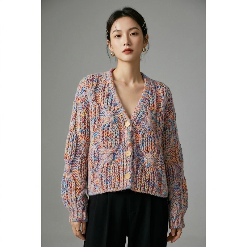 Pull Arc-en-ciel Col V Boutonné
