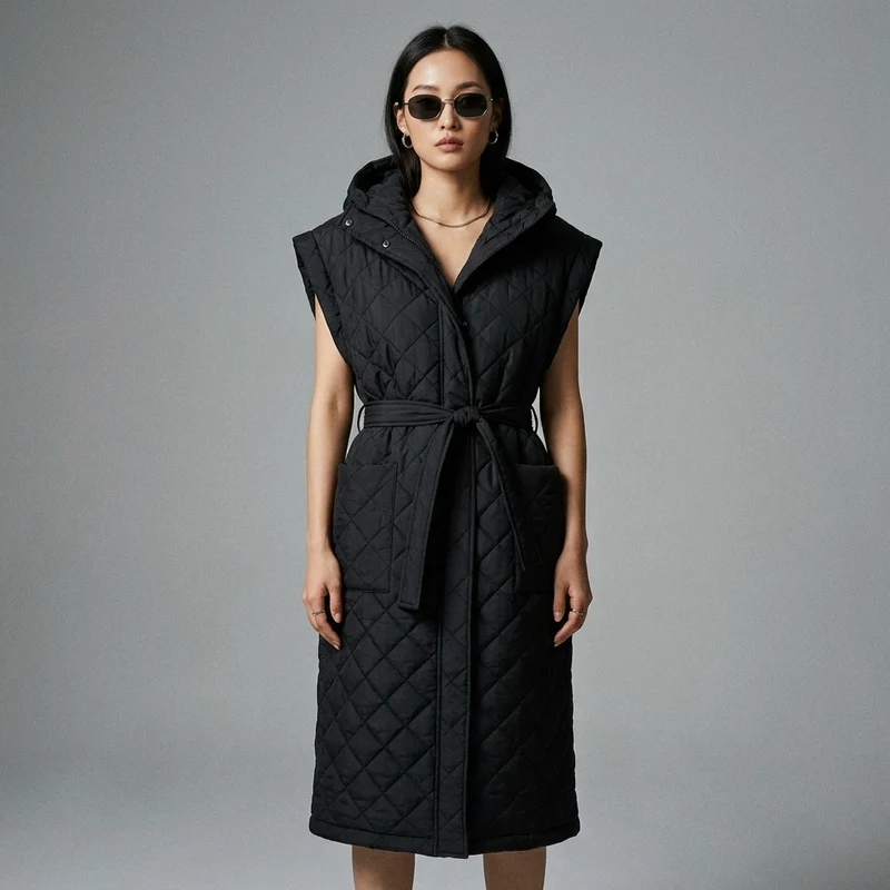 Veste Longue à Capuche Ceinturée