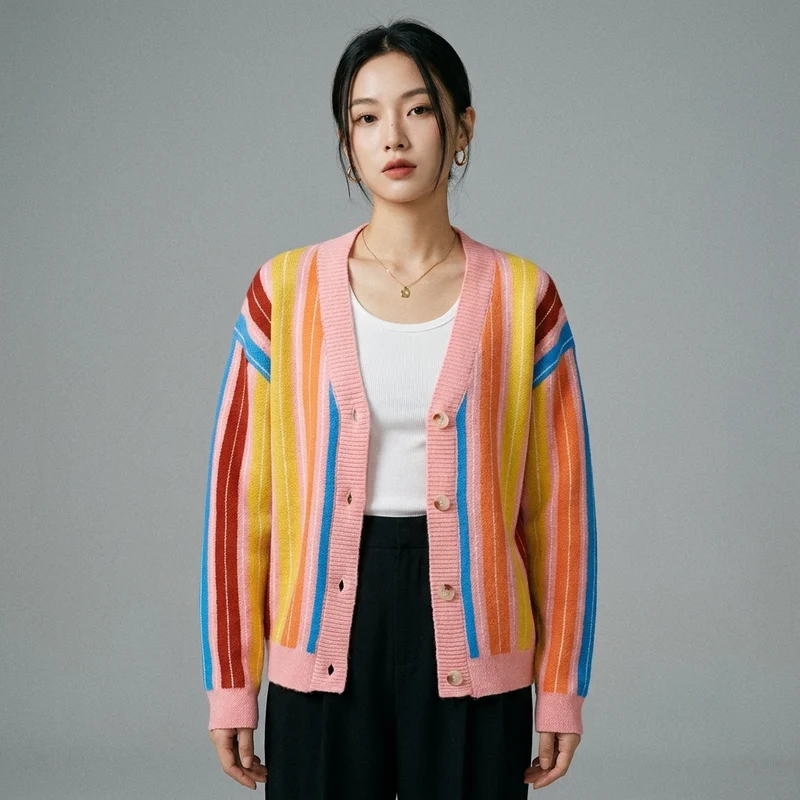 Cardigan Rayé Tricoté Col V