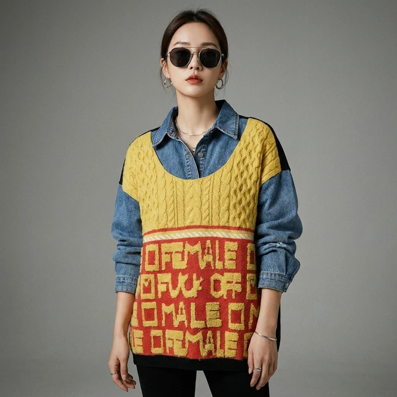 Pull Maille Col Revers Imprimé