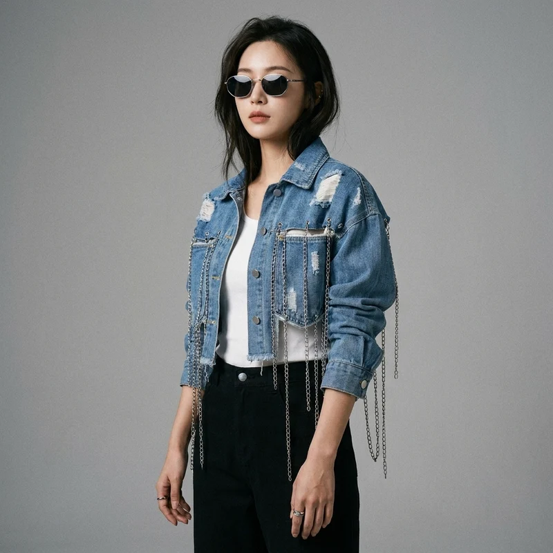 Veste Denim Franges Streetwear