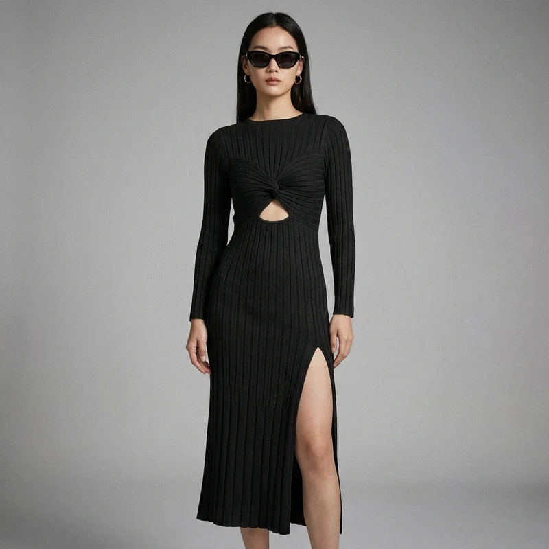 Robe Longue Maille Fendue Élégante