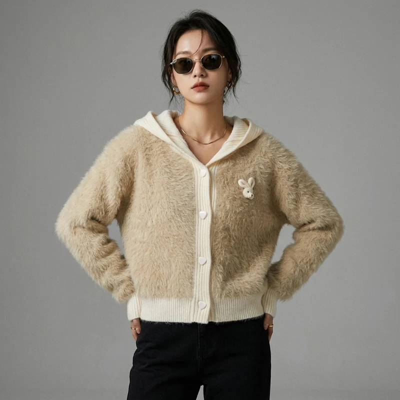 Cardigan Tricoté à Capuche Loose