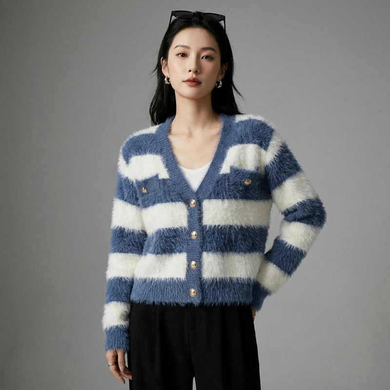 Cardigan Tricoté Rayé Col V