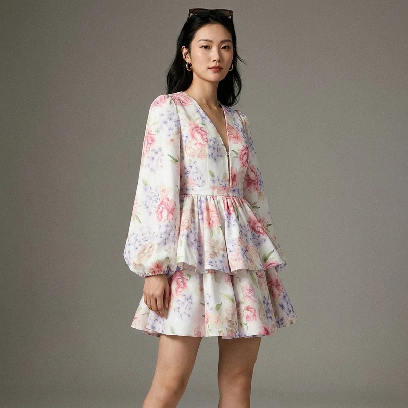 Robe Décolleté V Manches Bouffantes