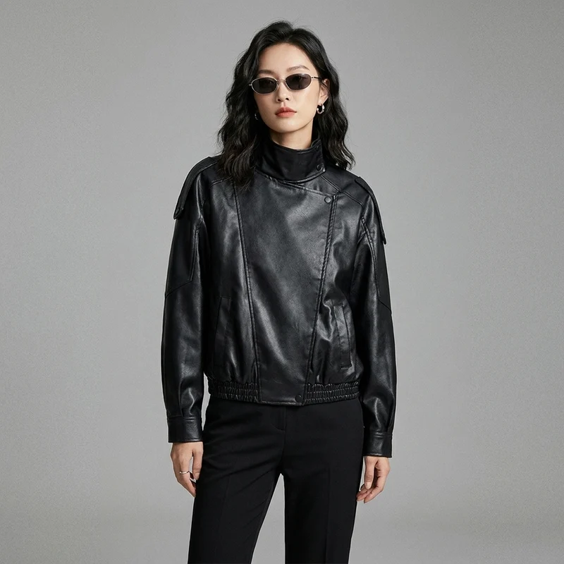 Veste en Simili Cuir Col Montant