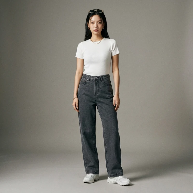 Jean Droit Gris Taille Haute