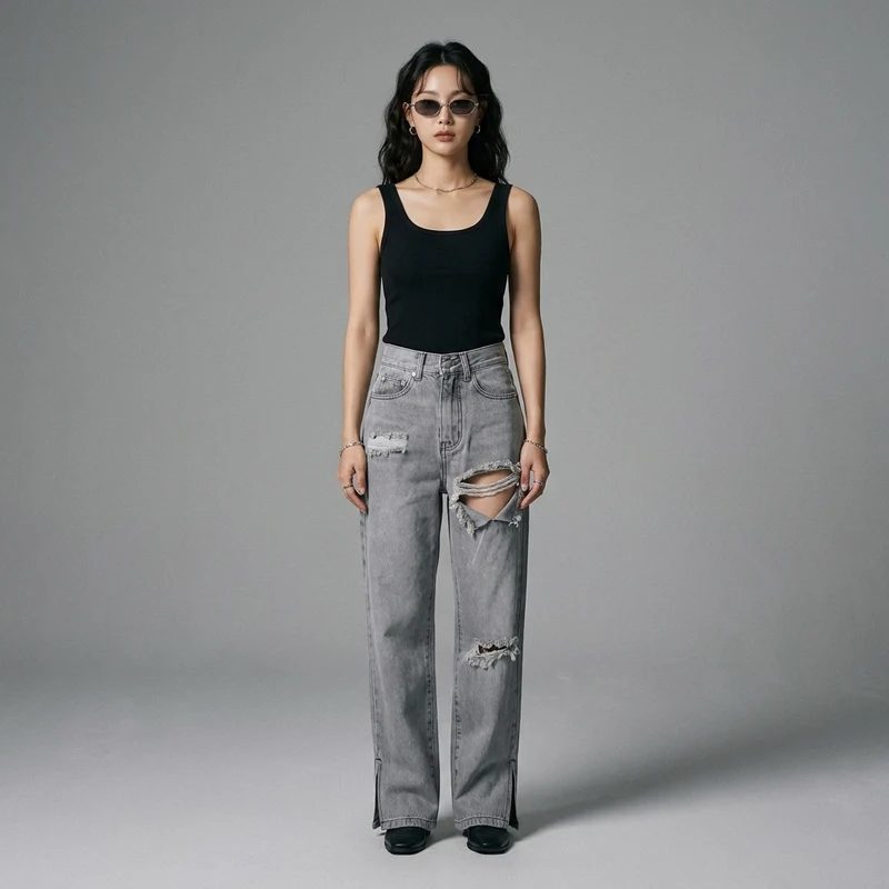 Jean Droit Gris Taille Haute