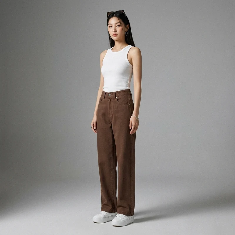 Pantalon Denim Droit Taille Haute