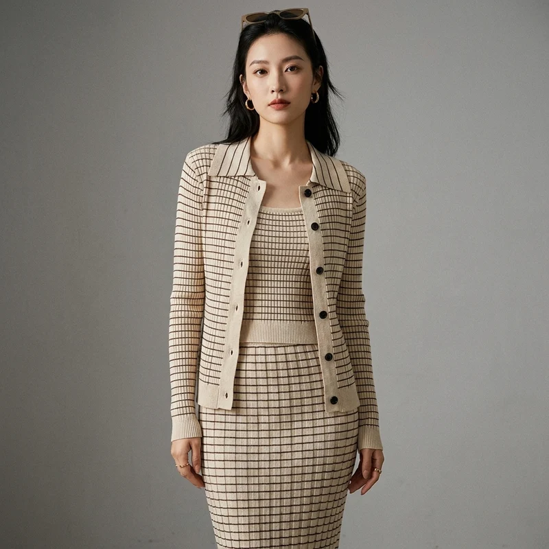 Ensemble Top Col Revers, Gilet et Jupe Longue